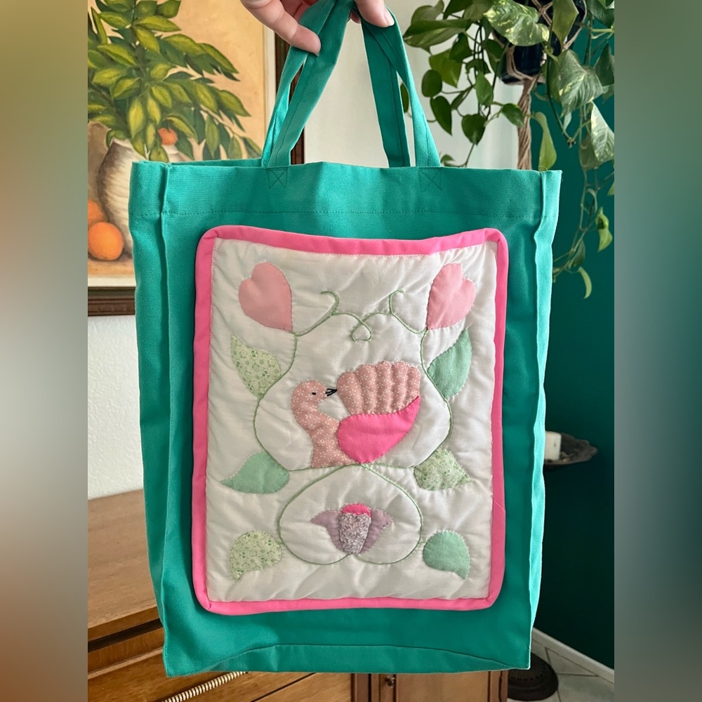 ⚡️Vintage⚡️ Handmade Green and Pink Bird Tote Bag